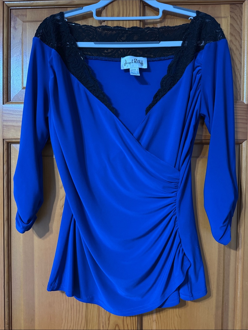 Joseph Ribkoff Cobalt Blue Wrap Blouse with Black Lace